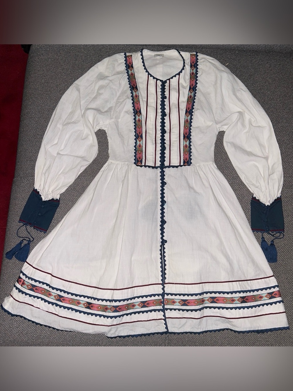 Talitha Athena Zoya White and blue embroidered dress with tassels size small